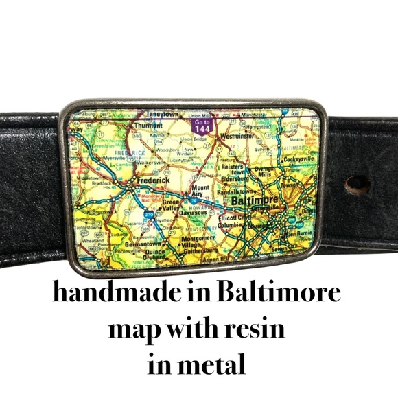 belt BALTIMORE 34-39 black leather 2 buckles silver Maryland map Boston handmade - Picture 13 of 15